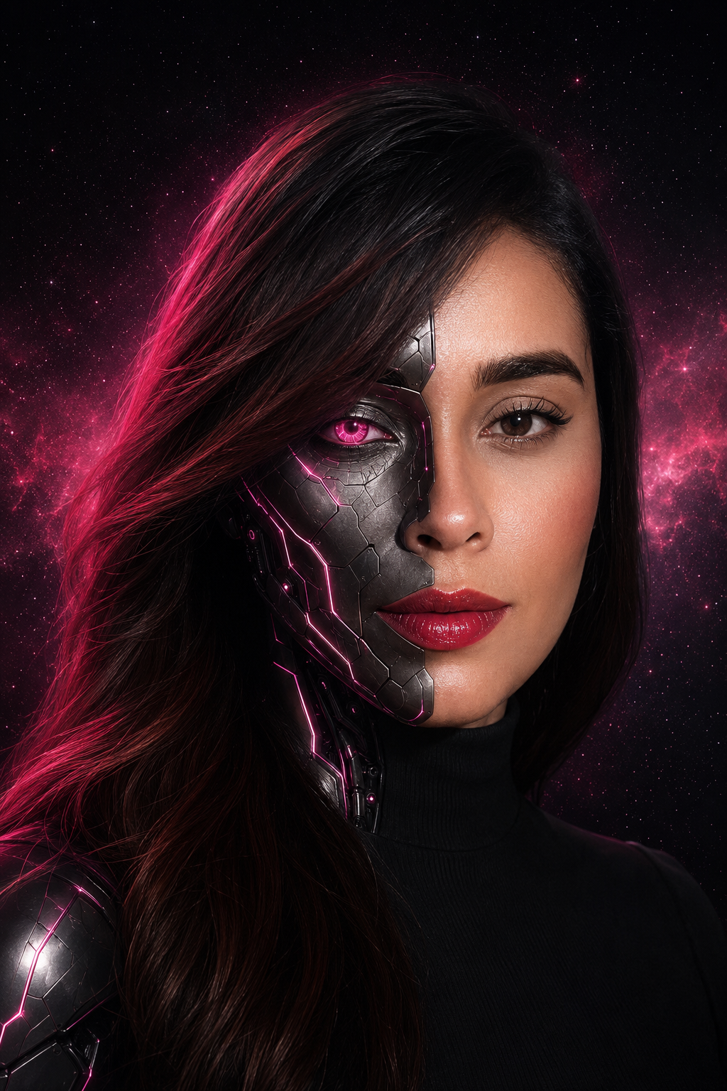 Retrato futurista de Manuela, estratega digital, mitad rostro natural y mitad cyborg con circuitos fucsia